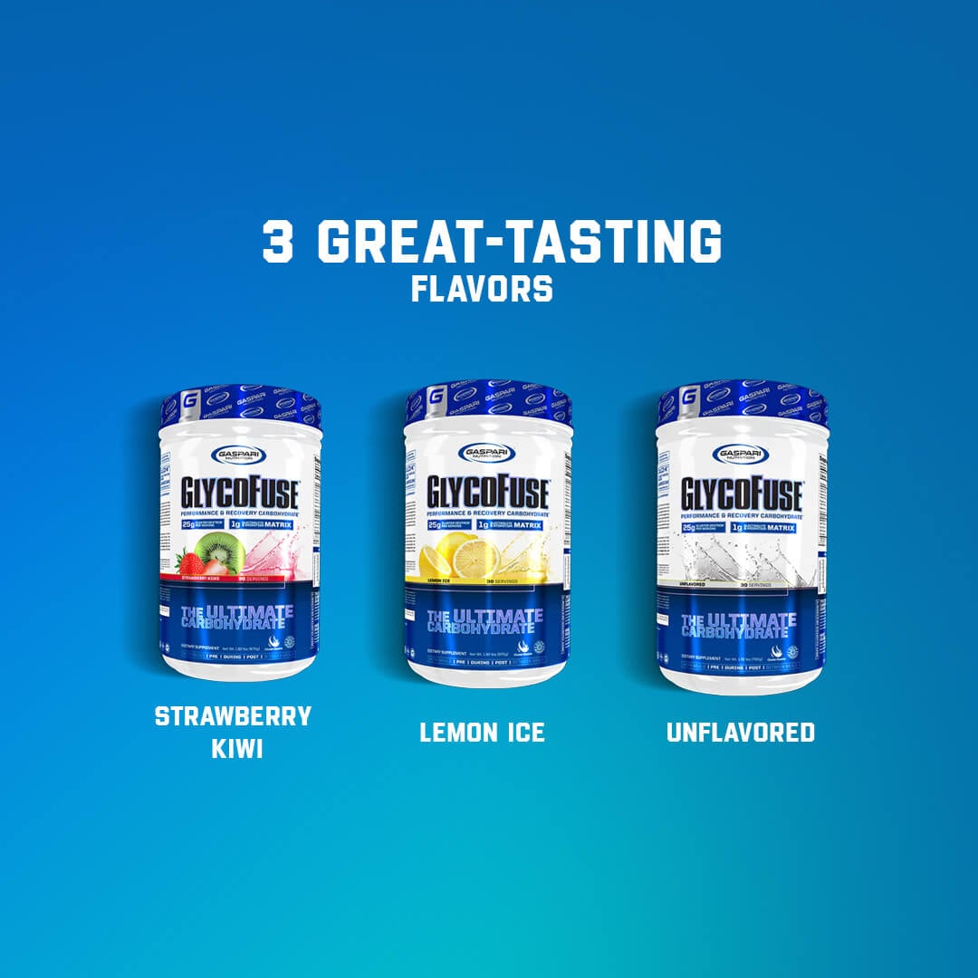 Glycofuse available in 3 great-tasting flavors: Strawberry Kiwi, Lemon Ice, and Unflavored