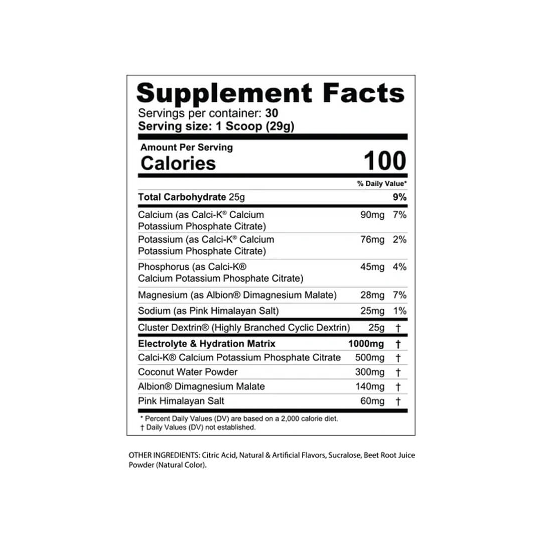 Glycofuse supplement facts label listing 25g Cluster Dextrin and 1000mg Electrolyte & Hydration Matrix with Calci-K and Albion minerals