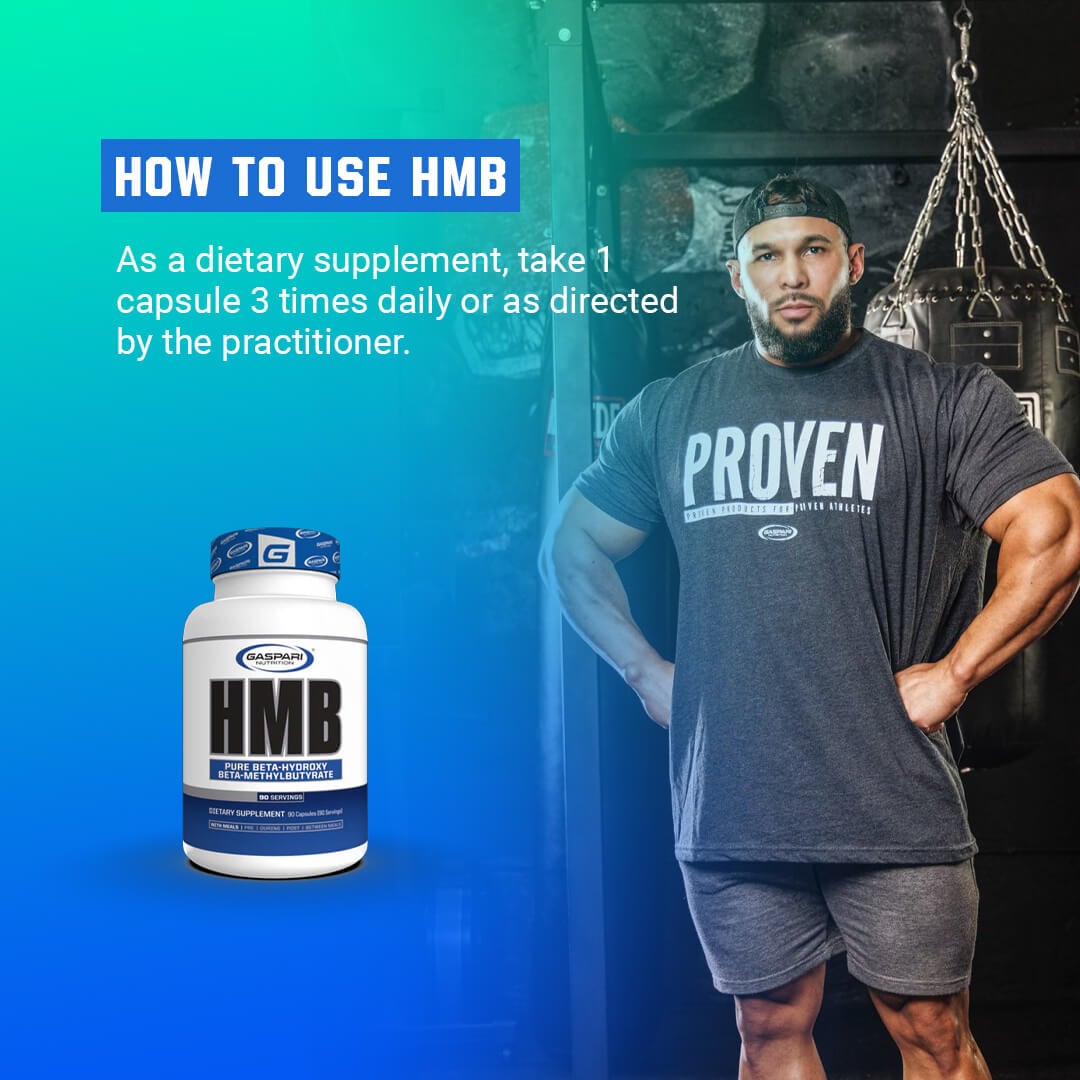 How to use Gaspari HMB usage guide suggesting 1 capsule 3 times daily featuring a male athlete