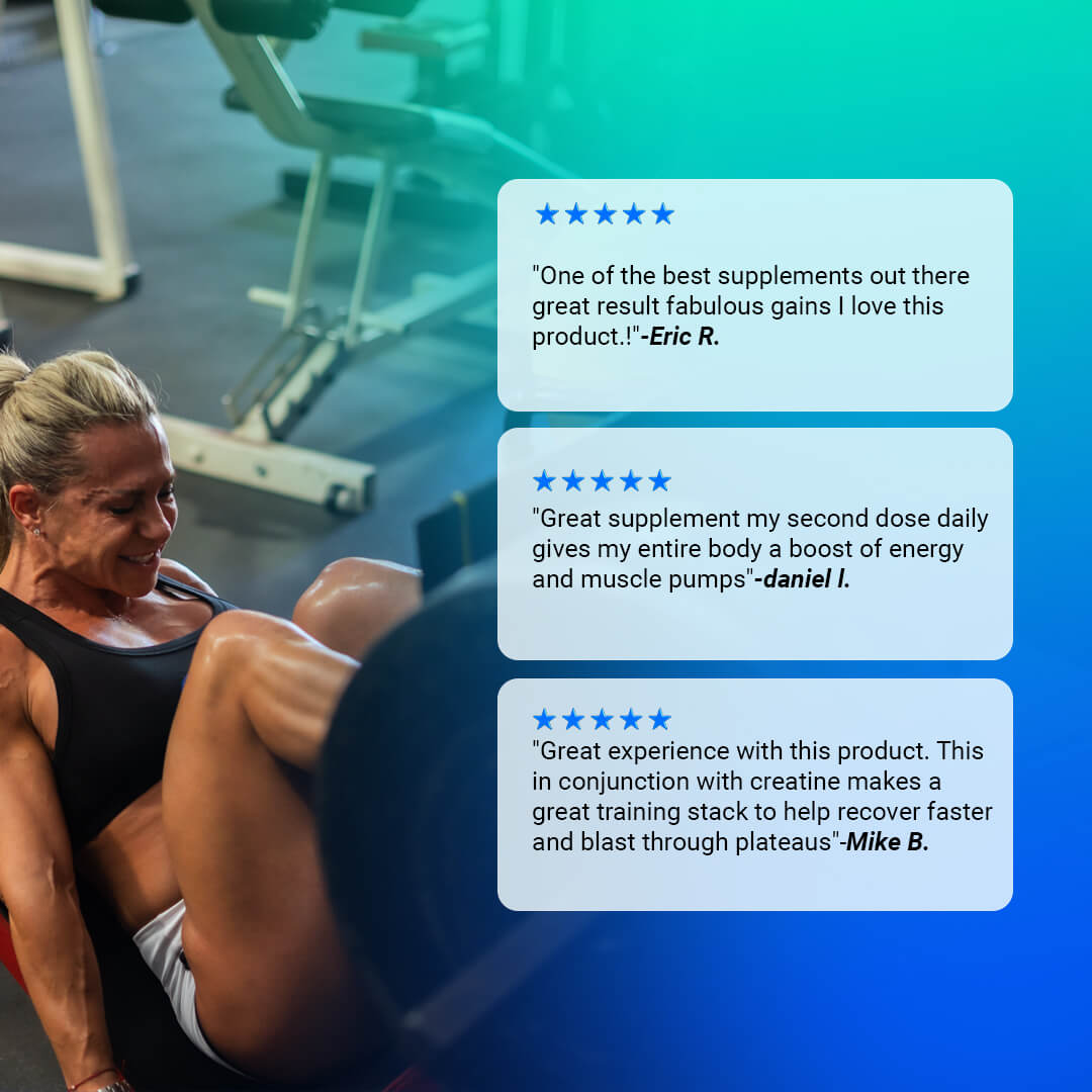 Customer reviews for Gaspari HMB praising results, energy boost, and muscle pumps alongside a female athlete