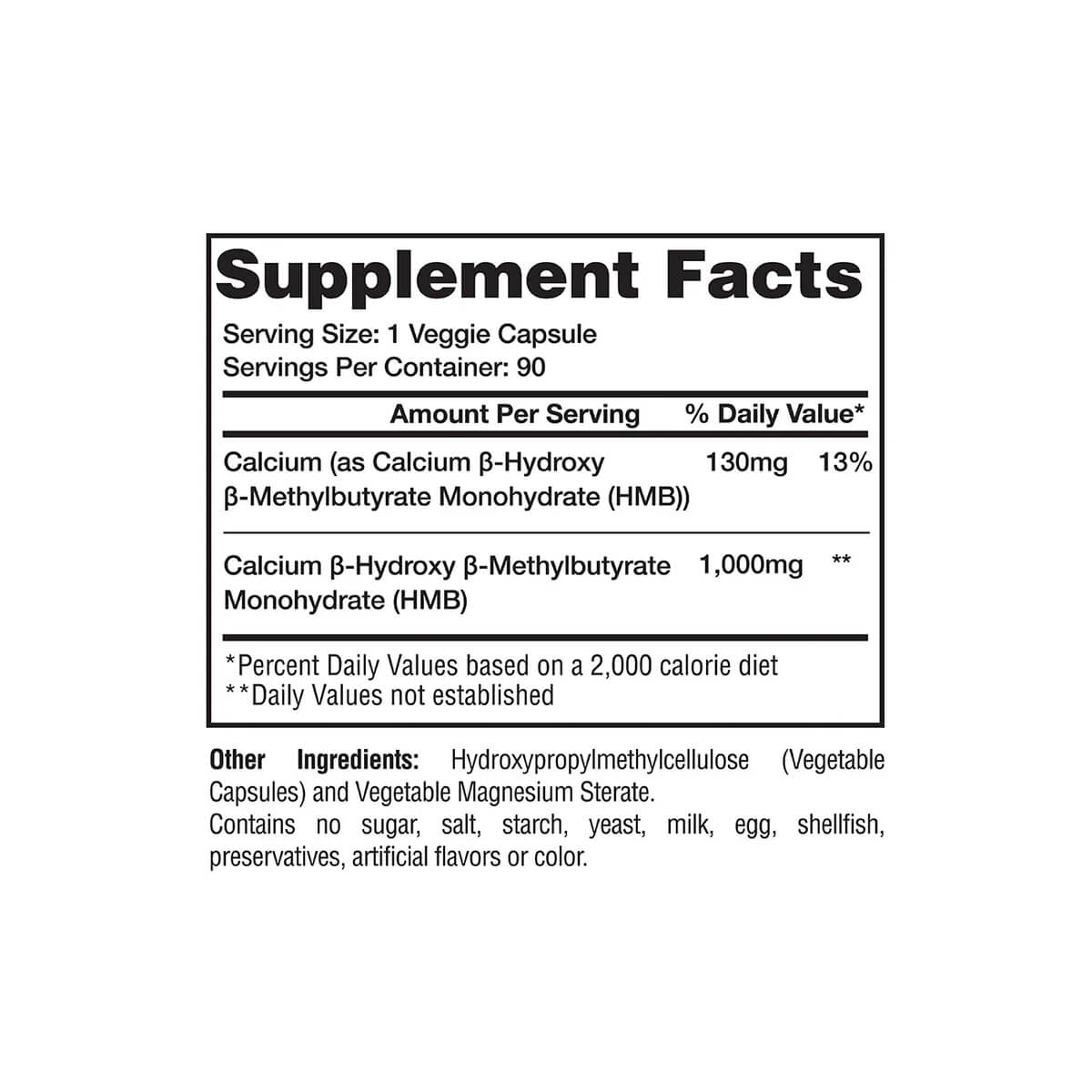 Gaspari HMB supplement facts label showing 1,000mg of Calcium Beta-Hydroxy Beta-Methylbutyrate per serving