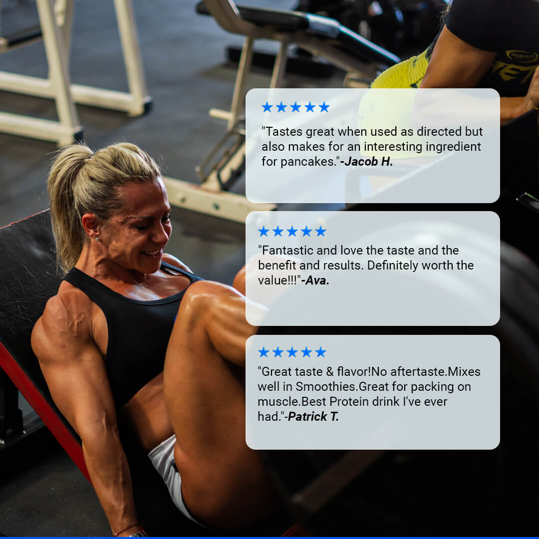 Customer reviews for MyoFusion praising the great taste, pancake ingredient versatility, and smoothie mixing alongside a female athlete