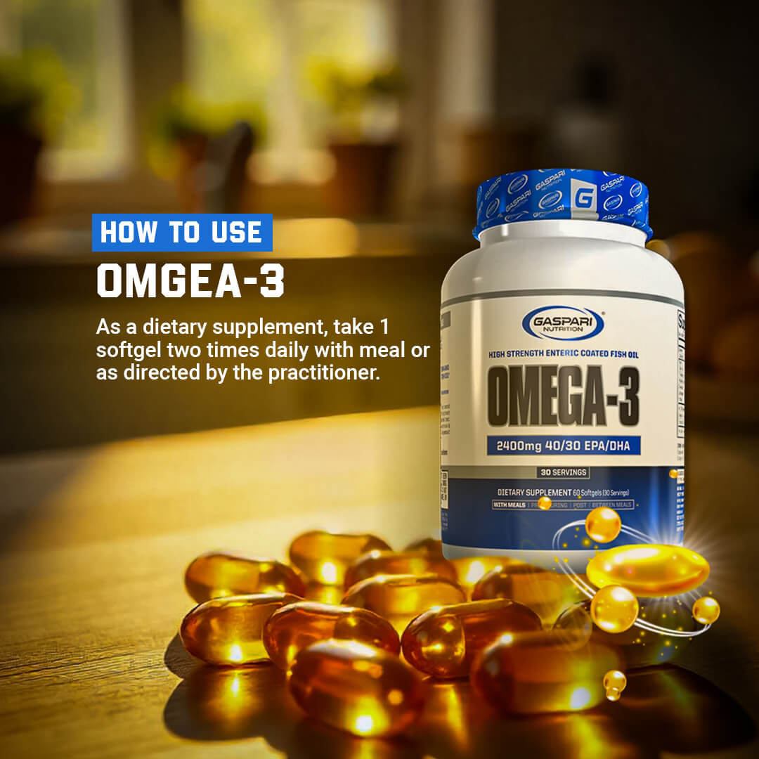 How to use Omega-3 usage guide suggesting 1 softgel two times daily with a meal