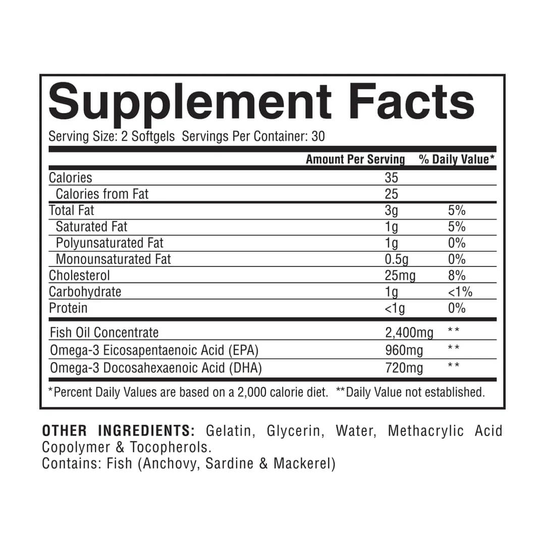 Omega-3 supplement facts label listing 2400mg Fish Oil Concentrate with 960mg EPA and 720mg DHA per serving