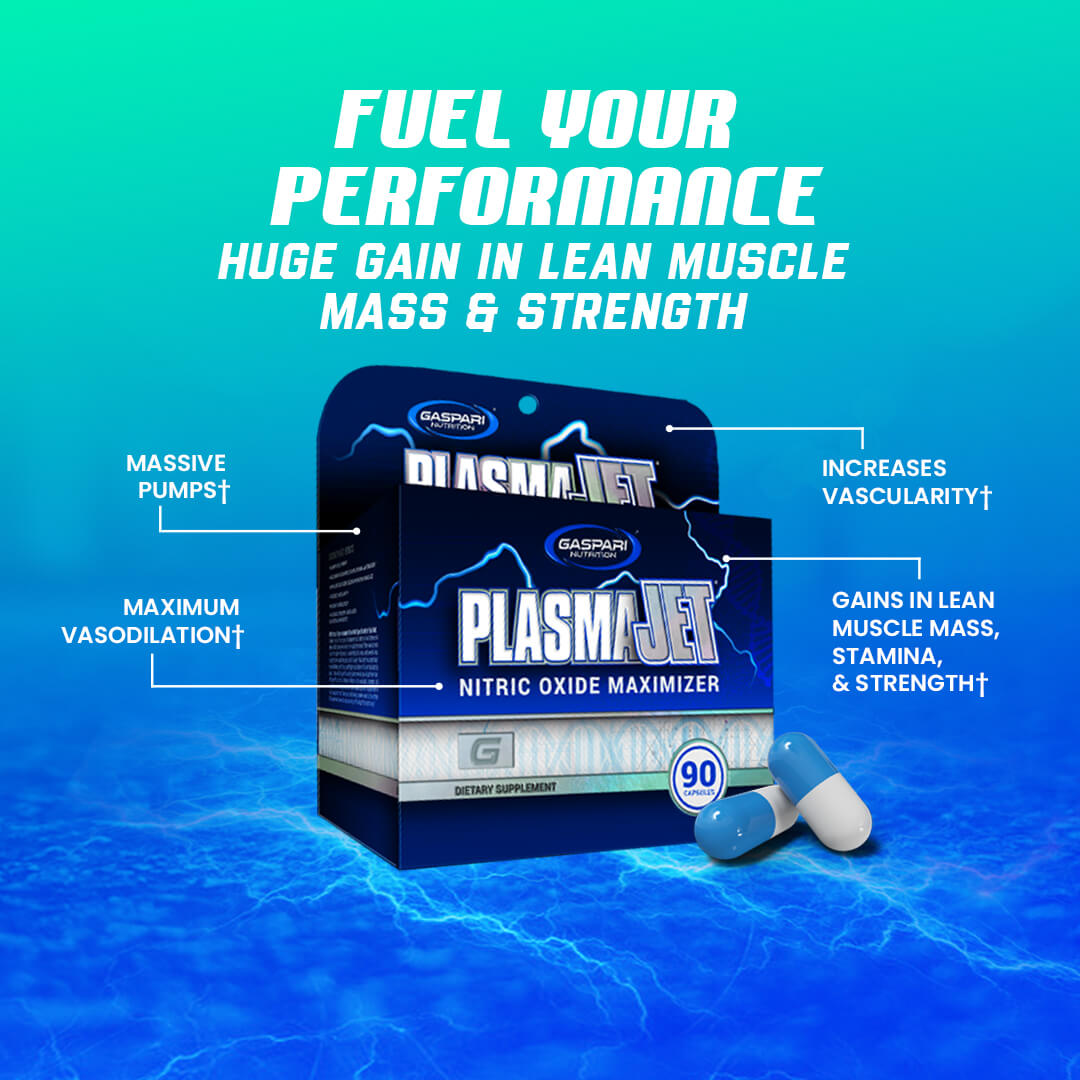 Gaspari PlasmaJet box highlighting massive pumps, maximum vasodilation, increased vascularity, and gains in lean muscle mass
