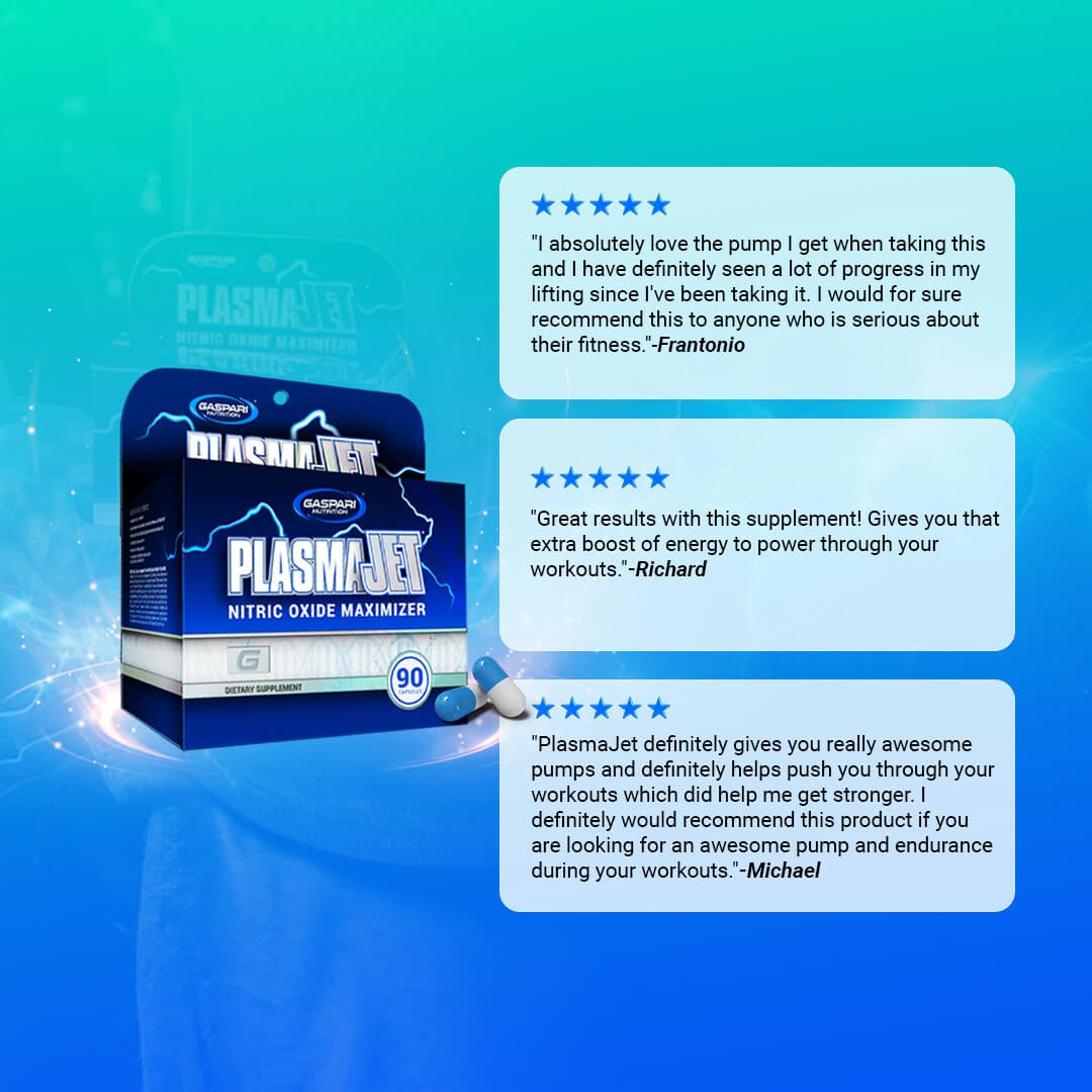 Customer reviews for PlasmaJet praising the progress, energy boost, and awesome pumps alongside a product box shot