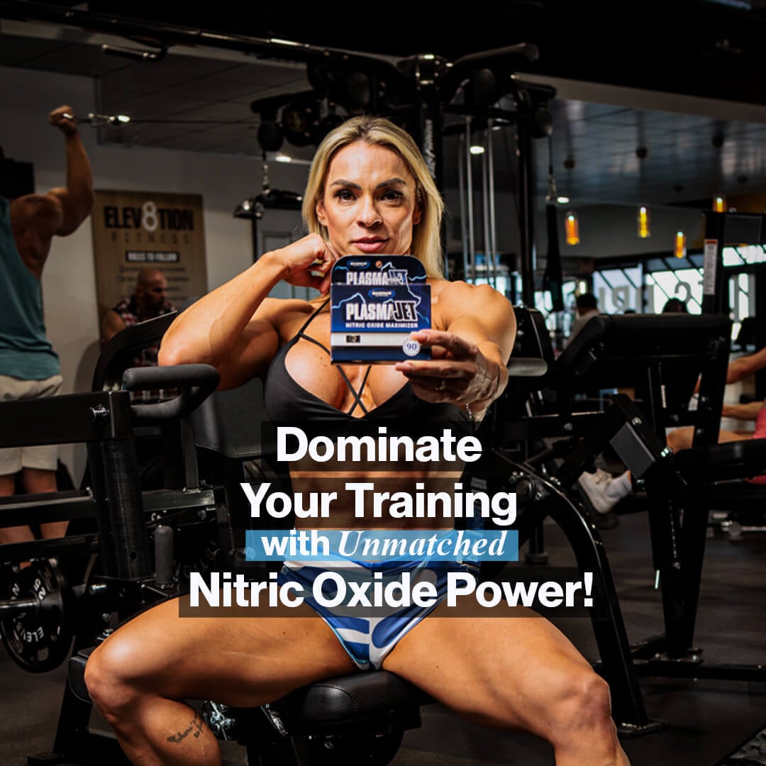 Female bodybuilder holding PlasmaJet highlighting the goal to dominate training with unmatched nitric oxide power