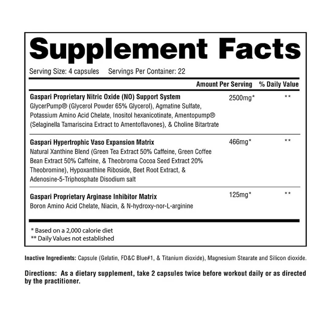 PlasmaJet supplement facts label listing Proprietary Nitric Oxide Support System, Hypertrophic Vaso Expansion Matrix, and Arginase Inhibitor Matrix