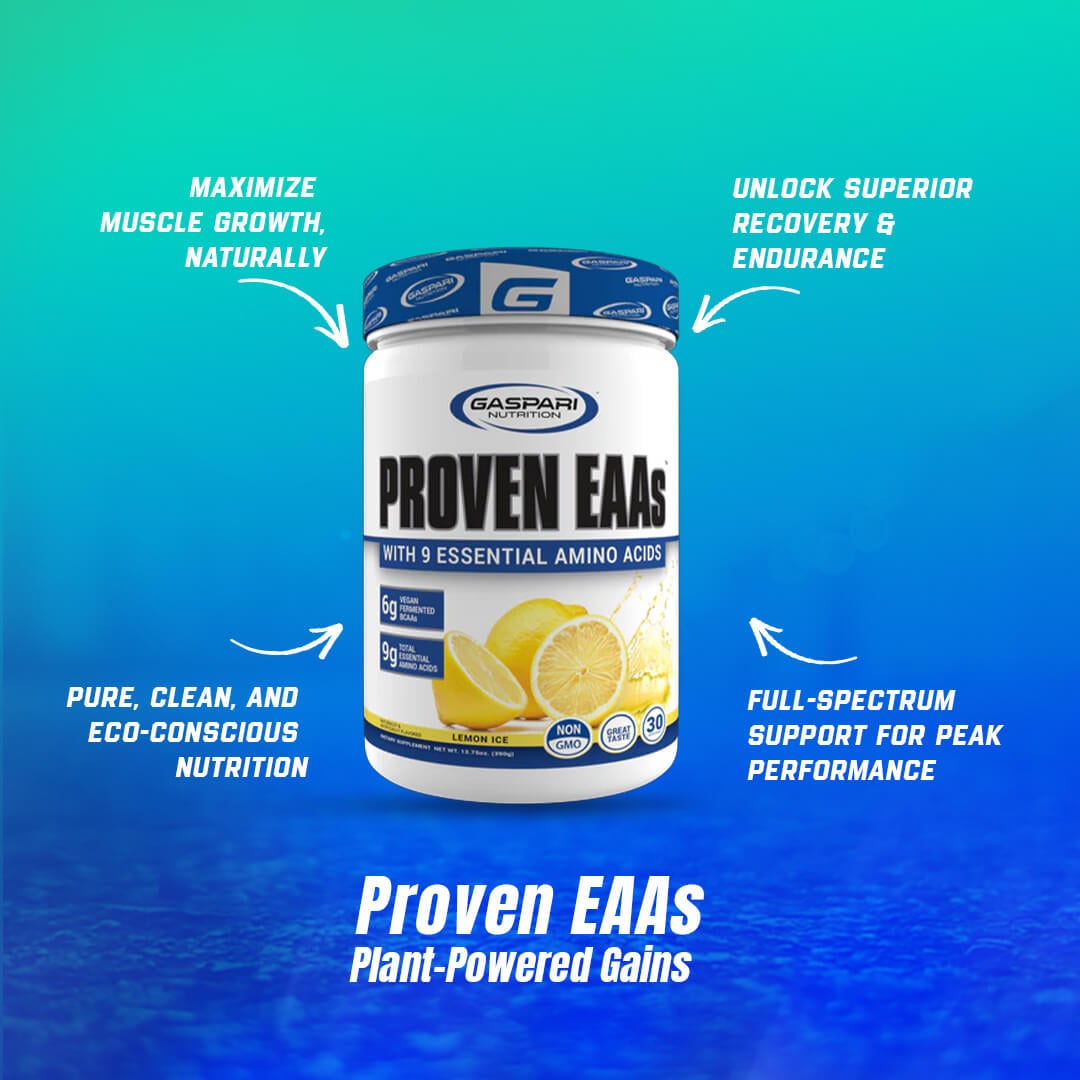 Gaspari Proven EAAs tub highlighting 9g essential amino acids, 6g vegan fermented BCAAs, and electrolyte blend