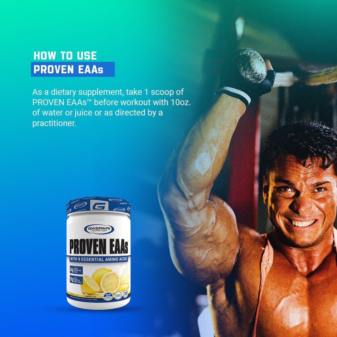 How to use Proven EAAs usage guide suggesting 1 scoop before workout with 10oz of water featuring a male bodybuilder