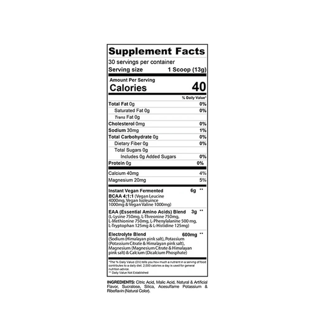 Proven EAAs supplement facts label listing 9g Essential Amino Acids Blend and 600mg Electrolyte Blend per serving