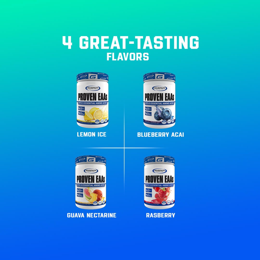 Proven EAAs available in 4 great-tasting flavors: Lemon Ice, Blueberry Acai, Guava Nectarine, and Raspberry
