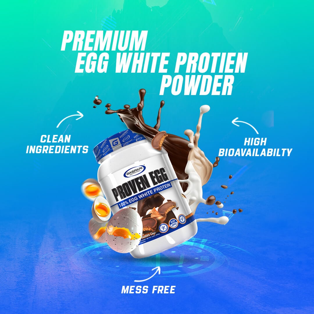Premium Proven Egg White Protein Powder graphic showing clean ingredients, high bioavailability, and mess-free convenience
