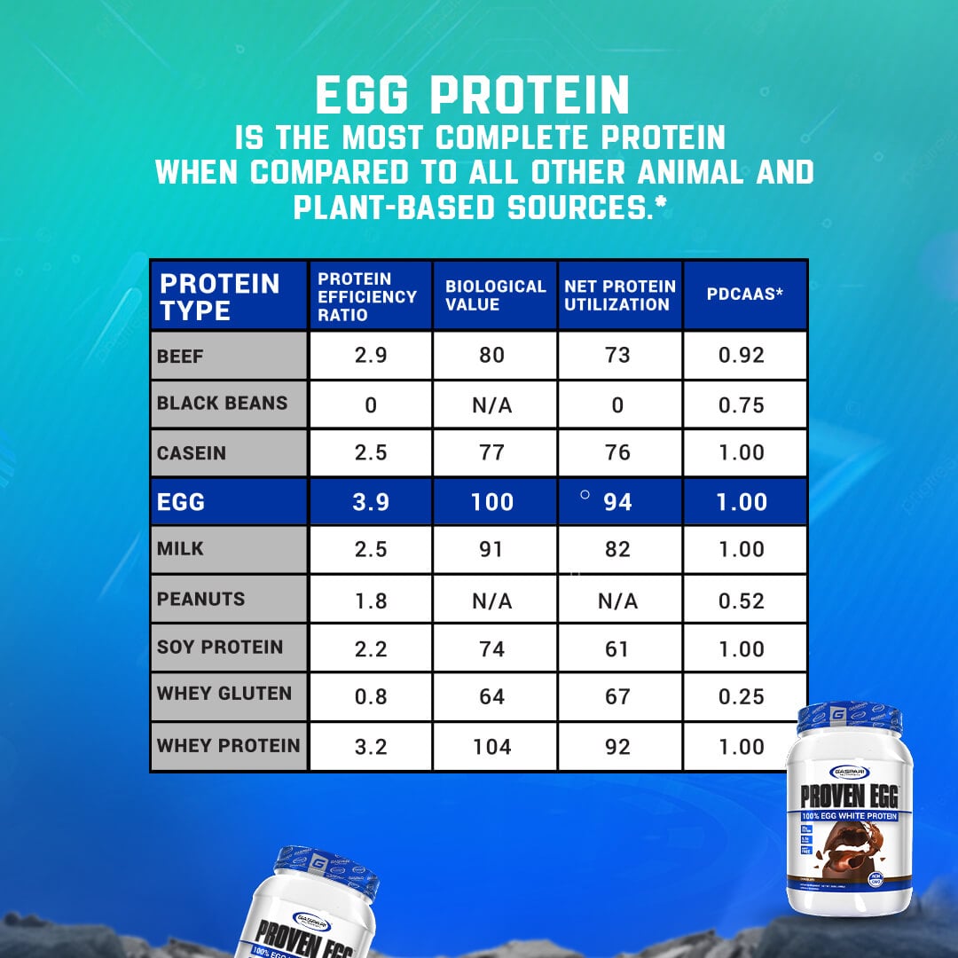 Comparison chart showing Egg Protein has the highest biological value and net protein utilization compared to beef, beans, and whey