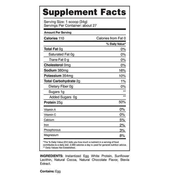 Proven Egg nutrition facts label listing 110 calories, 25g protein, and zero sugar per serving