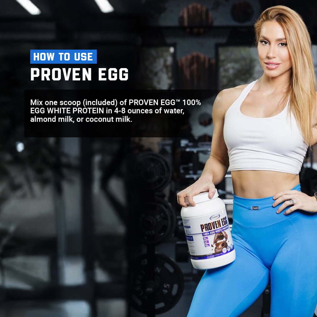 How to use Proven Egg usage guide suggesting mixing one scoop in 4-8 ounces of water, almond milk, or coconut milk