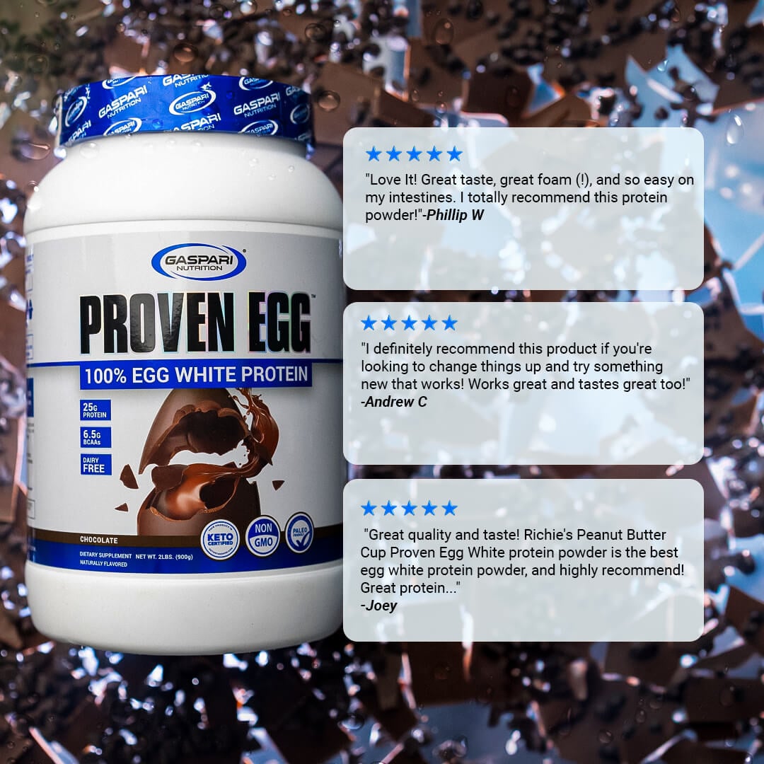 Customer reviews for Proven Egg praising the great taste, foam texture, and digestive ease
