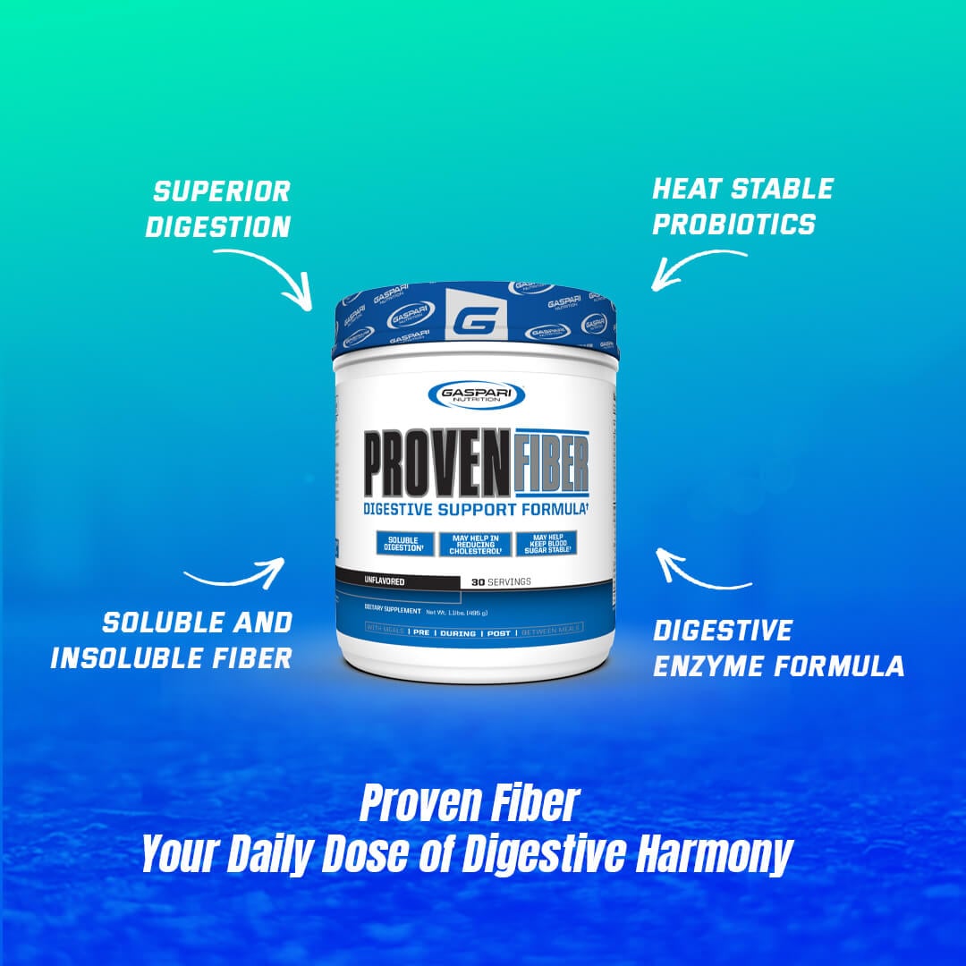 Gaspari Proven Fiber tub highlighting benefits like superior digestion, soluble and insoluble fiber, heat stable probiotics, and digestive enzyme formula