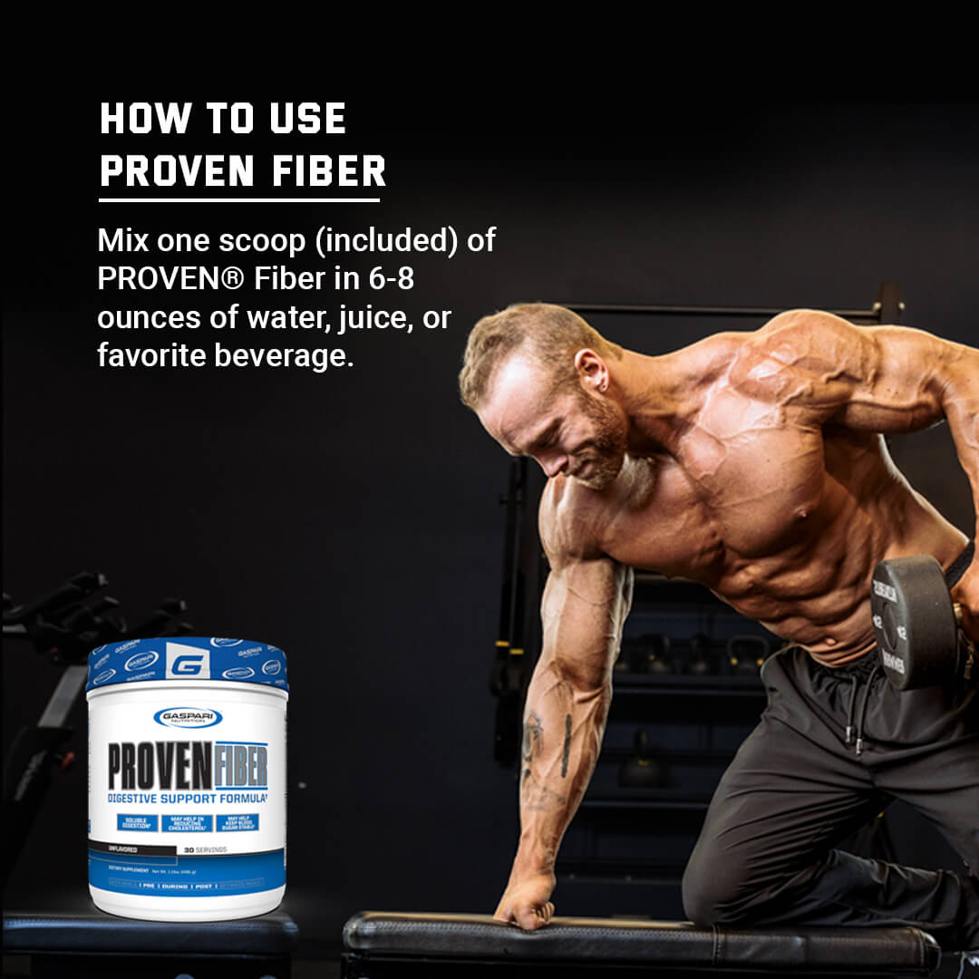 How to use Proven Fiber usage guide suggesting mixing one scoop in 6-8 ounces of water or favorite beverage