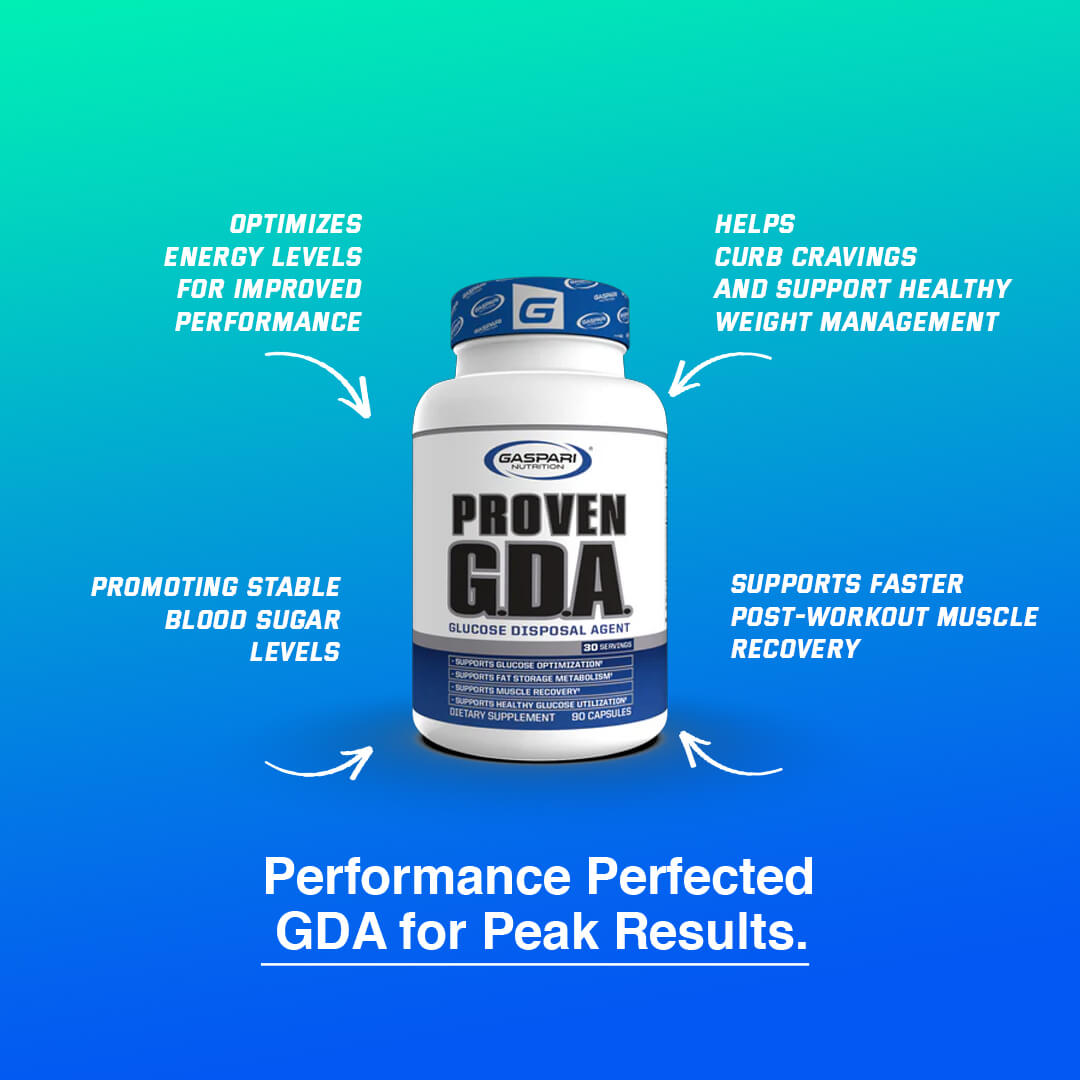 Gaspari Proven GDA bottle highlighting benefits like optimizing energy, curbing cravings, stable blood sugar, and faster muscle recovery