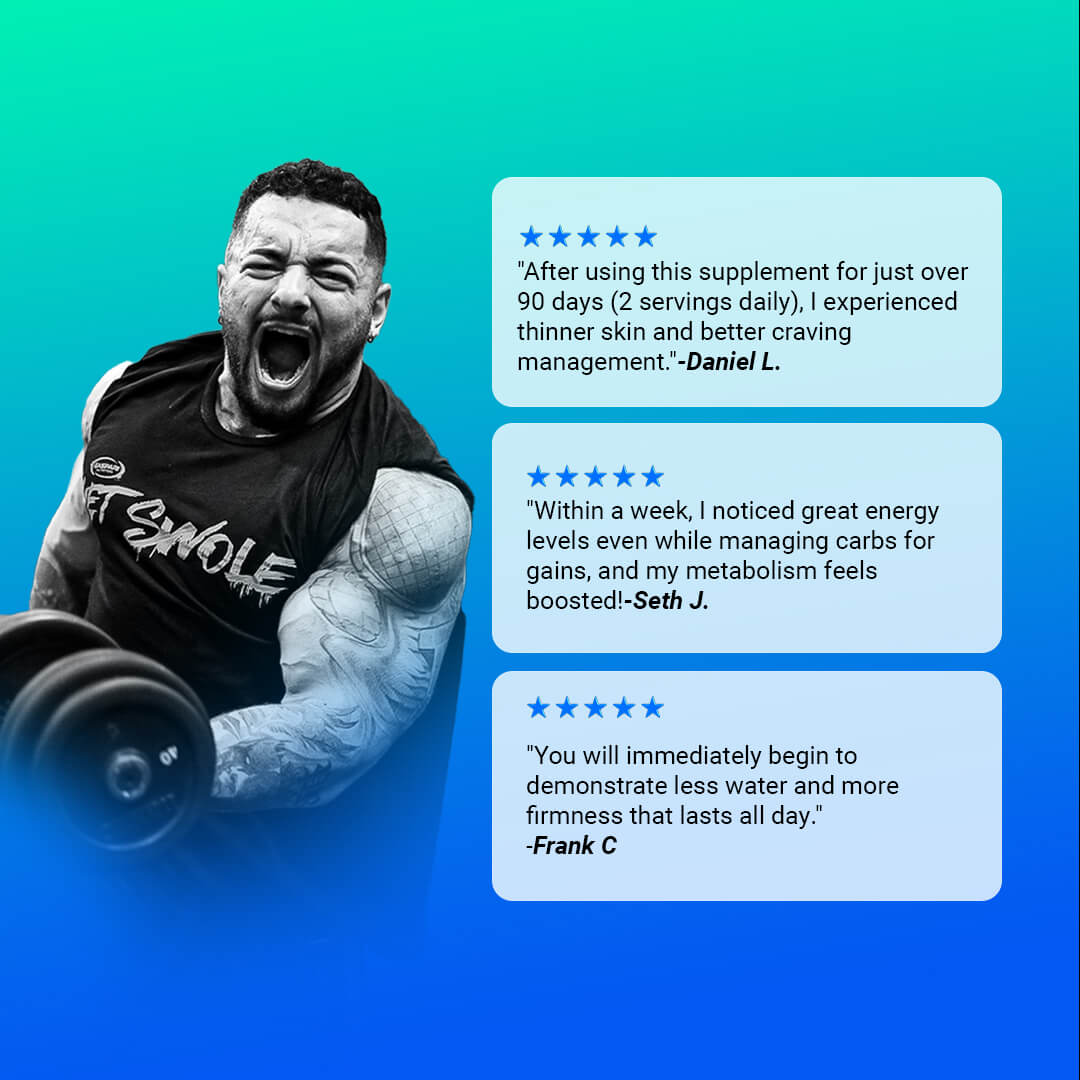 Customer reviews for Proven GDA mentioning thinner skin, better craving management, and boosted metabolism alongside a male bodybuilder