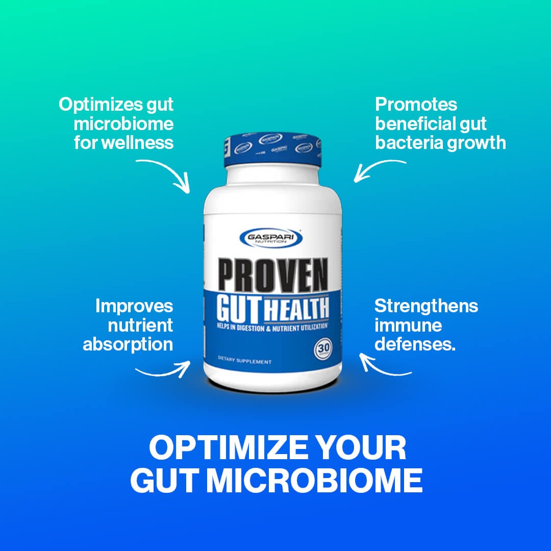Gaspari Proven Gut Health bottle highlighting benefits like optimizing gut microbiome, improving nutrient absorption, and strengthening immune defenses