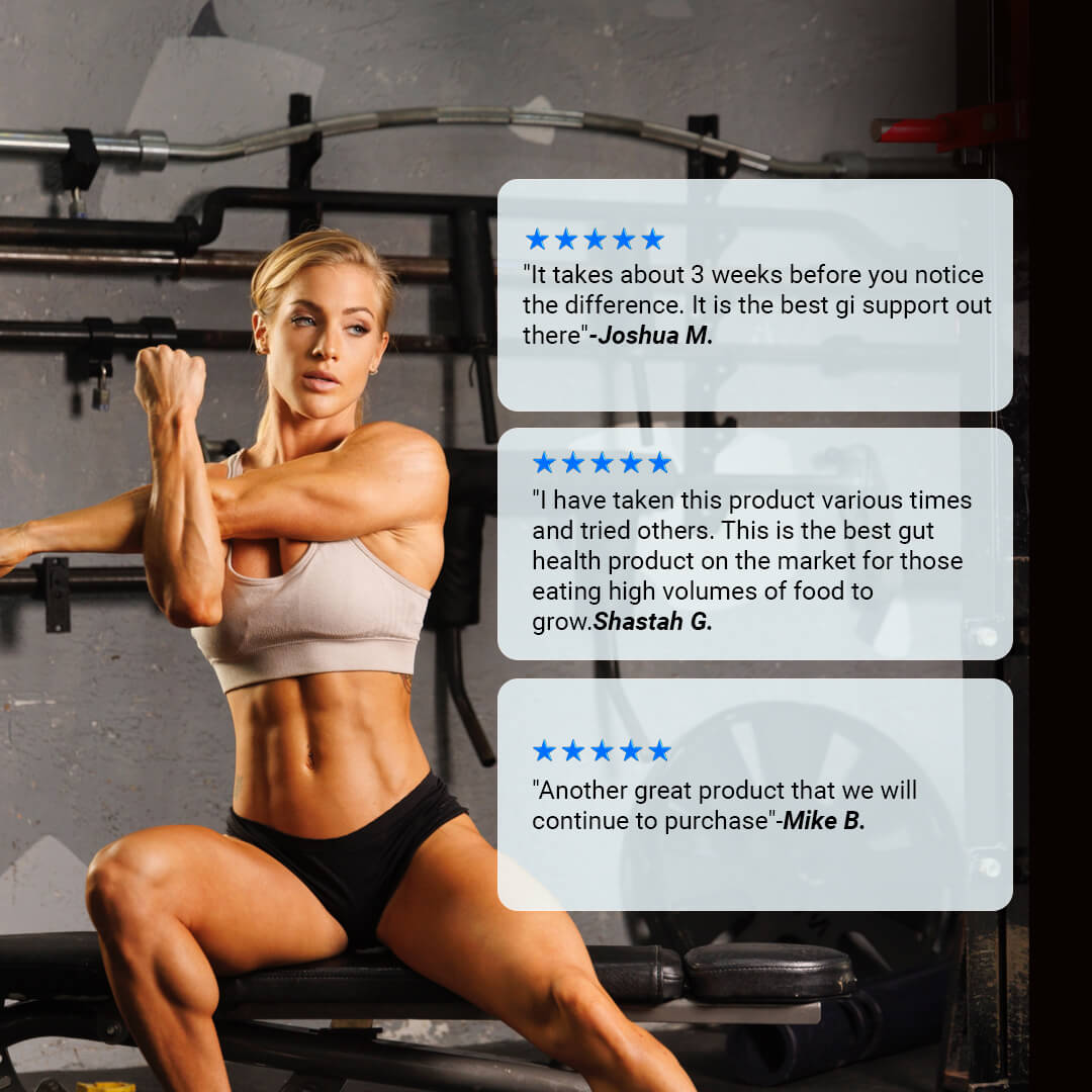 Customer reviews for Proven Gut Health praising GI support and effectiveness for high-volume eaters alongside a female fitness model