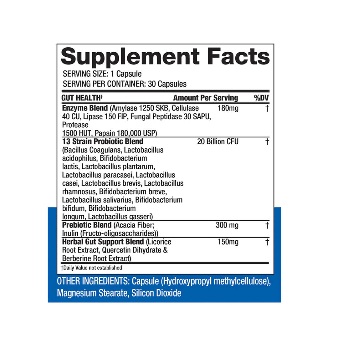 Proven Gut Health supplement facts label listing Enzyme Blend, 13 Strain Probiotic Blend, Prebiotic Blend, and Herbal Gut Support