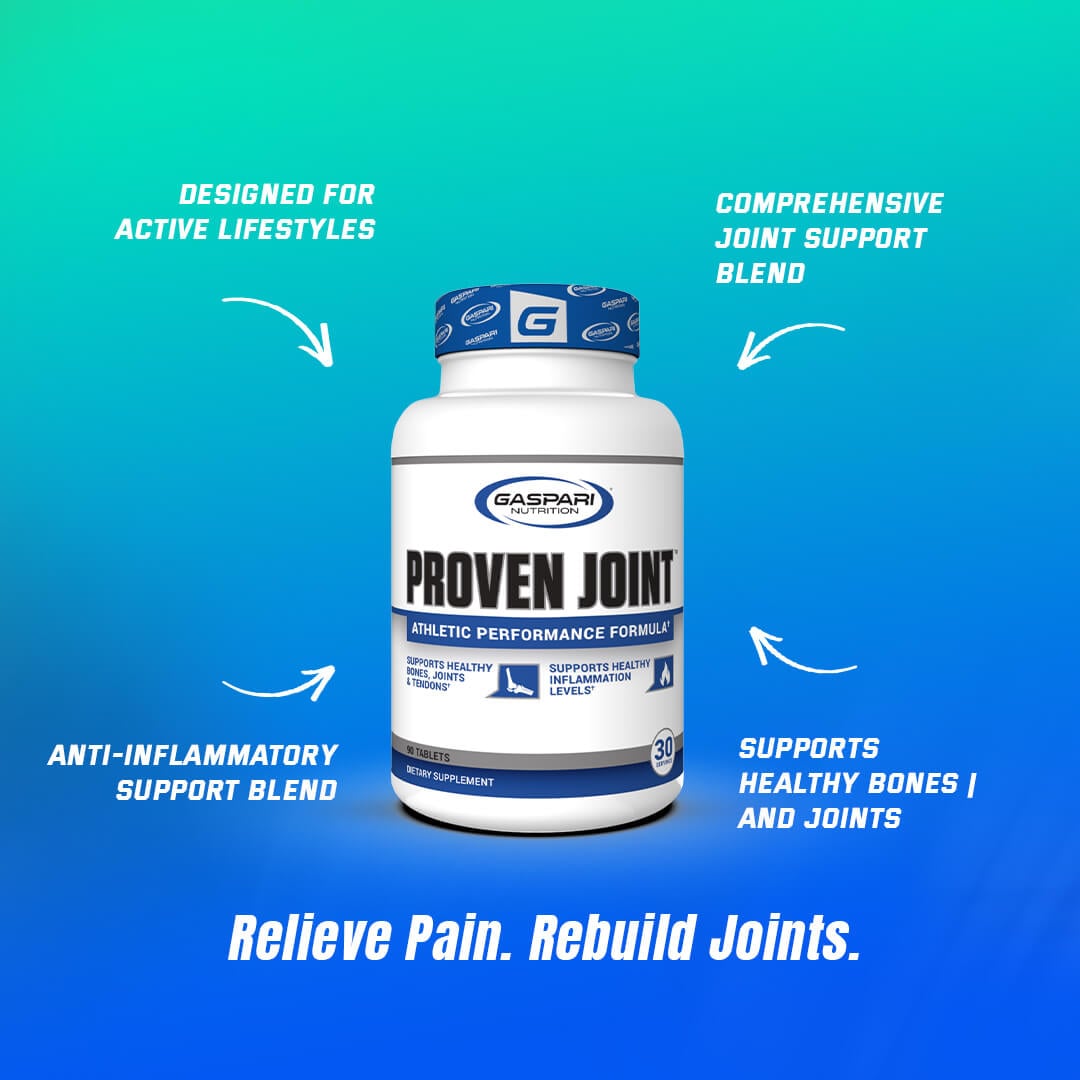 Gaspari Proven Joint bottle highlighting benefits like anti-inflammatory support blend, healthy bones and joints, and athletic performance formula