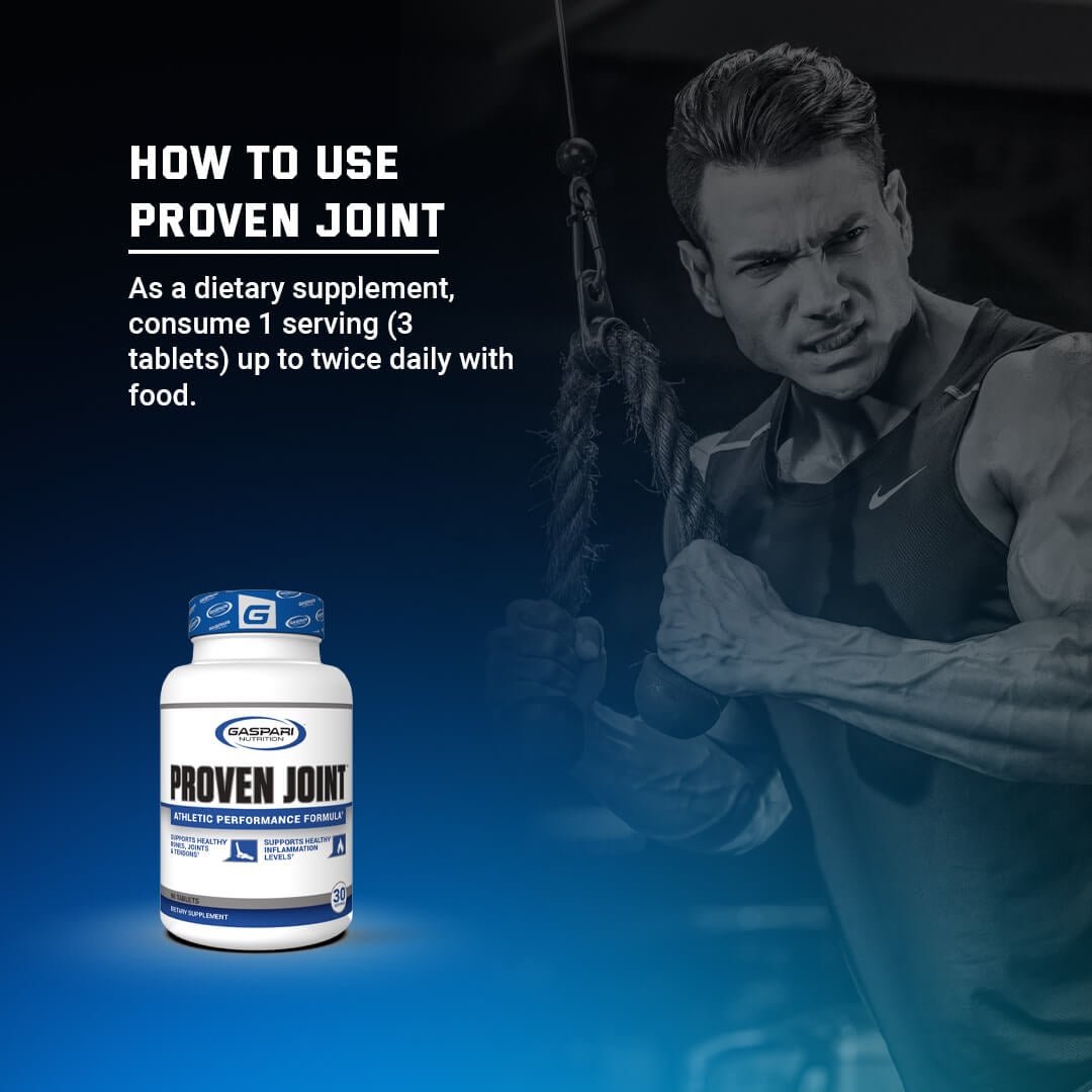 How to use Proven Joint usage guide suggesting 1 serving (3 tablets) up to twice daily with food featuring a male athlete