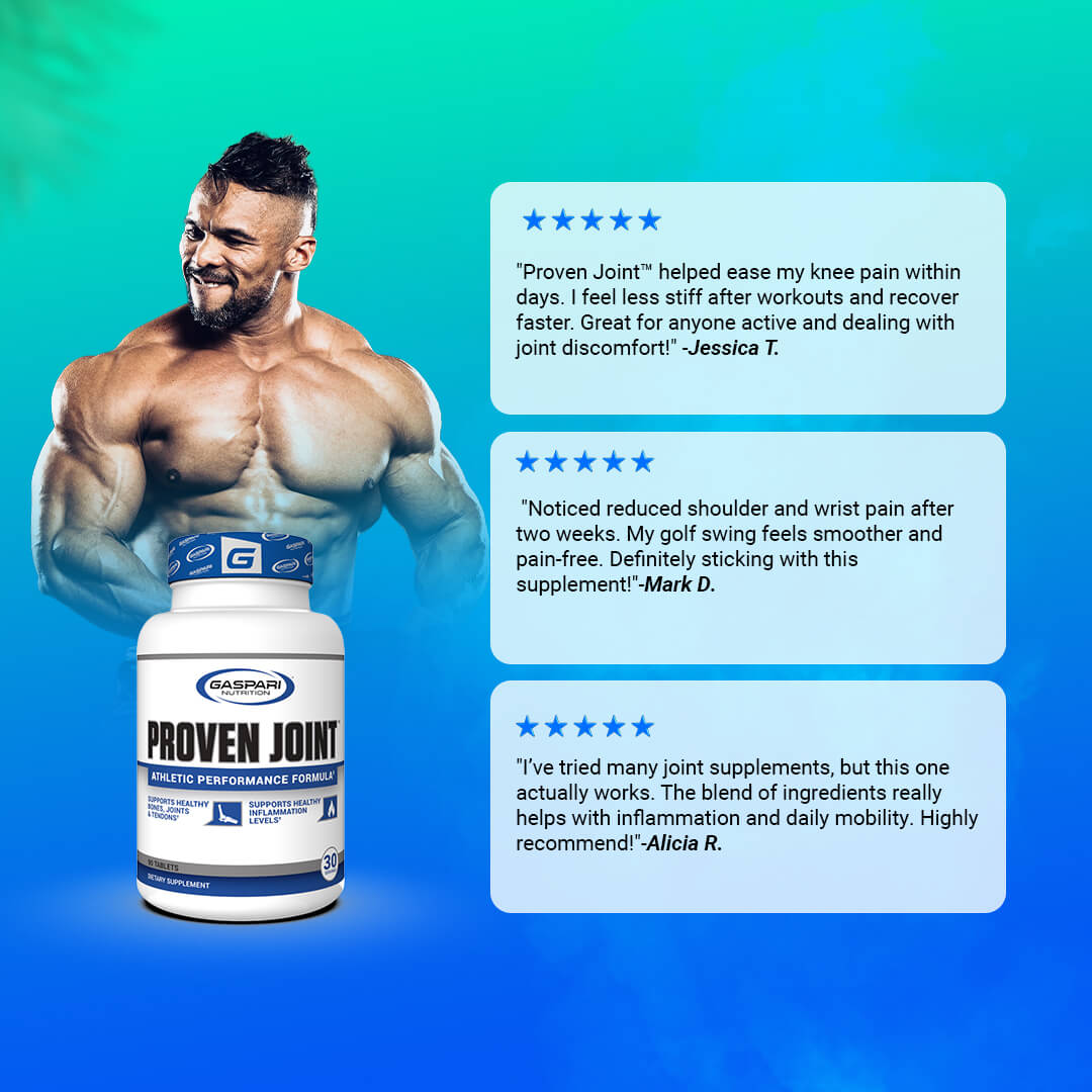 Customer reviews for Proven Joint praising knee pain relief, reduced shoulder stiffness, and improved mobility alongside a male bodybuilder