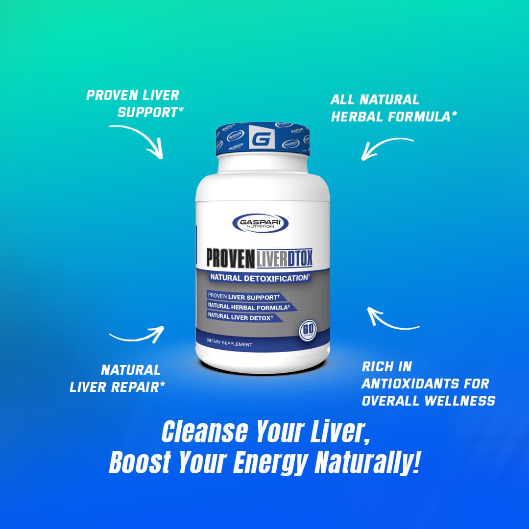 Gaspari Proven Liver Dtox bottle highlighting benefits like natural herbal formula, liver repair, and antioxidant support