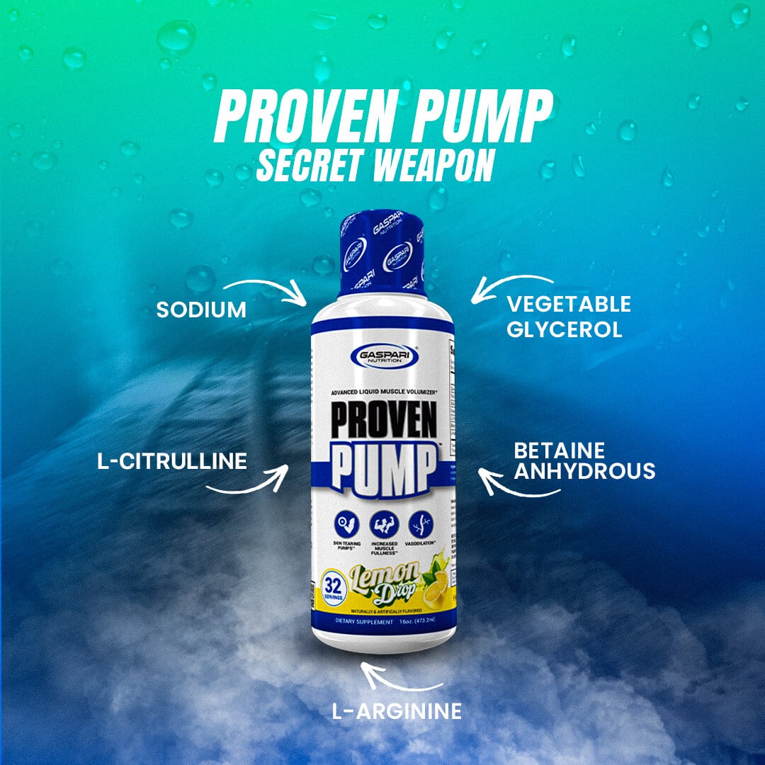 Proven Pump bottle diagram displaying key ingredients: Sodium, Vegetable Glycerol, Betaine Anhydrous, L-Arginine, and L-Citrulline
