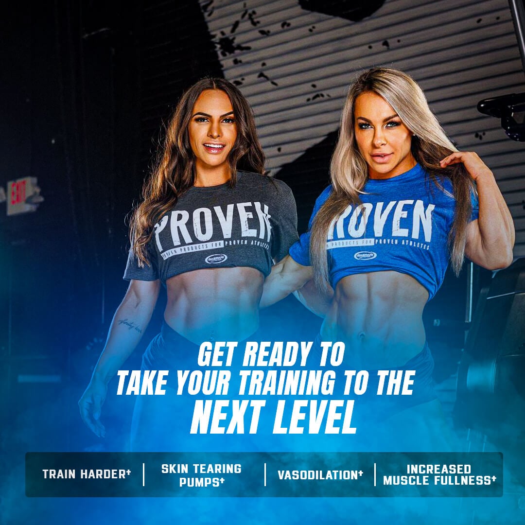 Two female athletes posing with Proven Pump branding, highlighting benefits like skin tearing pumps, vasodilation, and increased muscle fullness