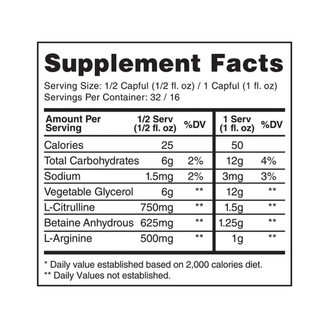 Proven Pump supplement facts label listing calories, carbs, and key pump ingredients