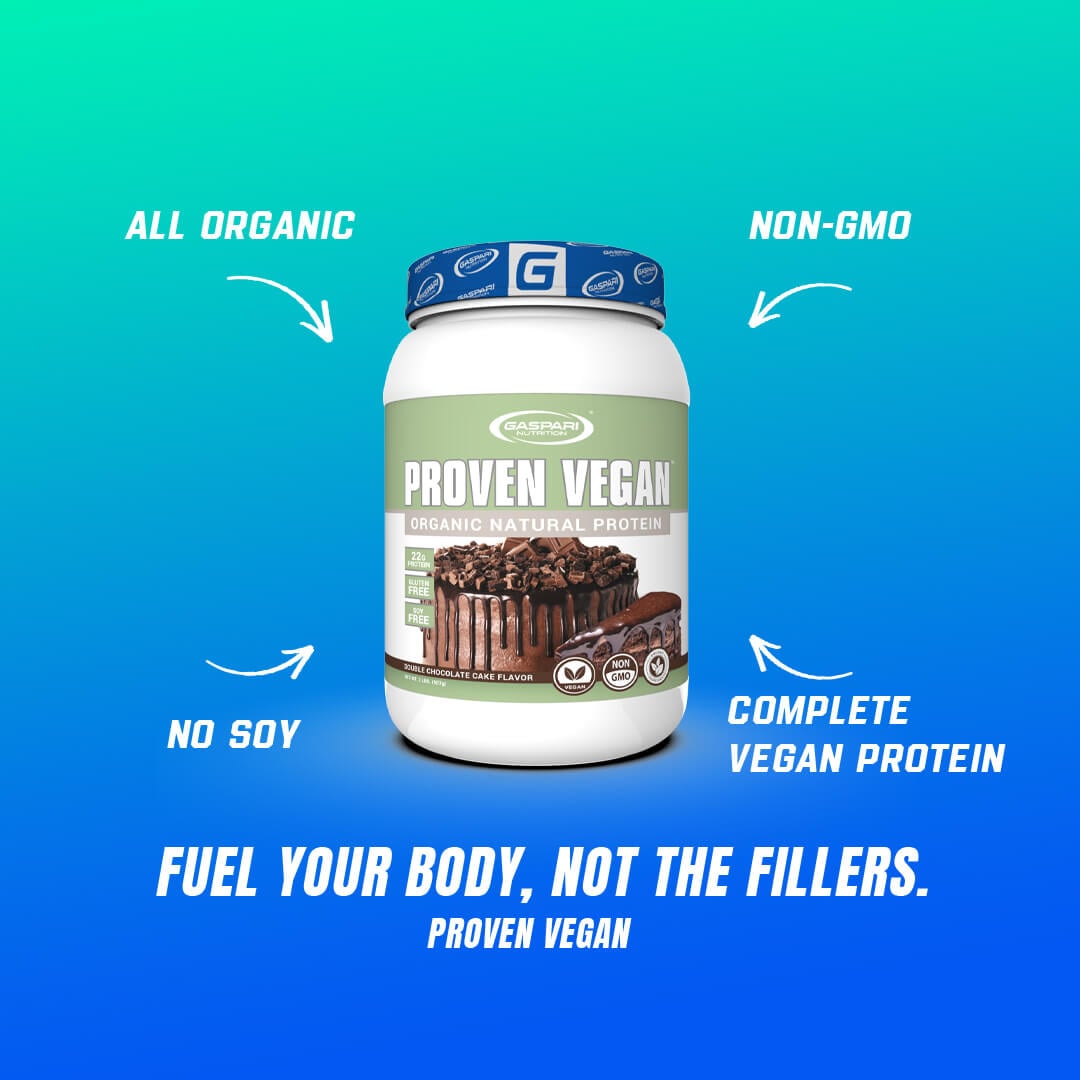 Gaspari Proven Vegan protein tub highlighting benefits like all organic, non-GMO, no soy, and complete vegan protein formula