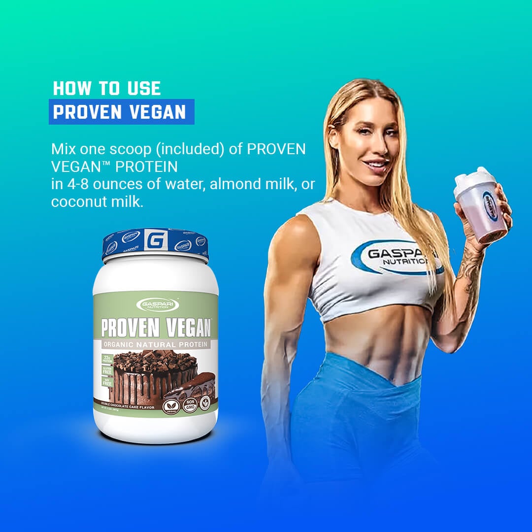 How to use Proven Vegan protein guide suggesting mixing one scoop with water, almond milk, or coconut milk alongside a fitness model