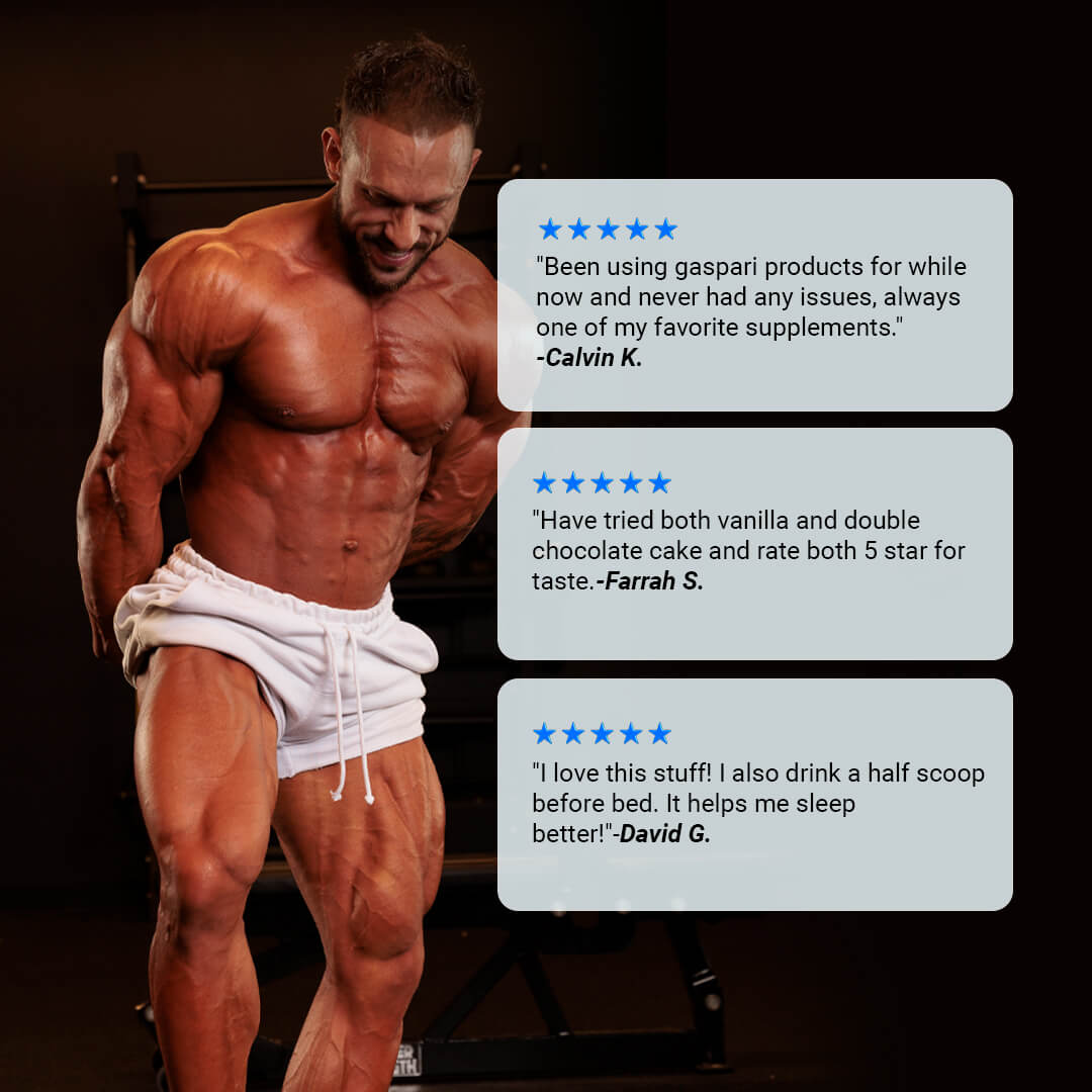 Customer reviews for Proven Vegan praising the taste and digestion alongside a bodybuilder