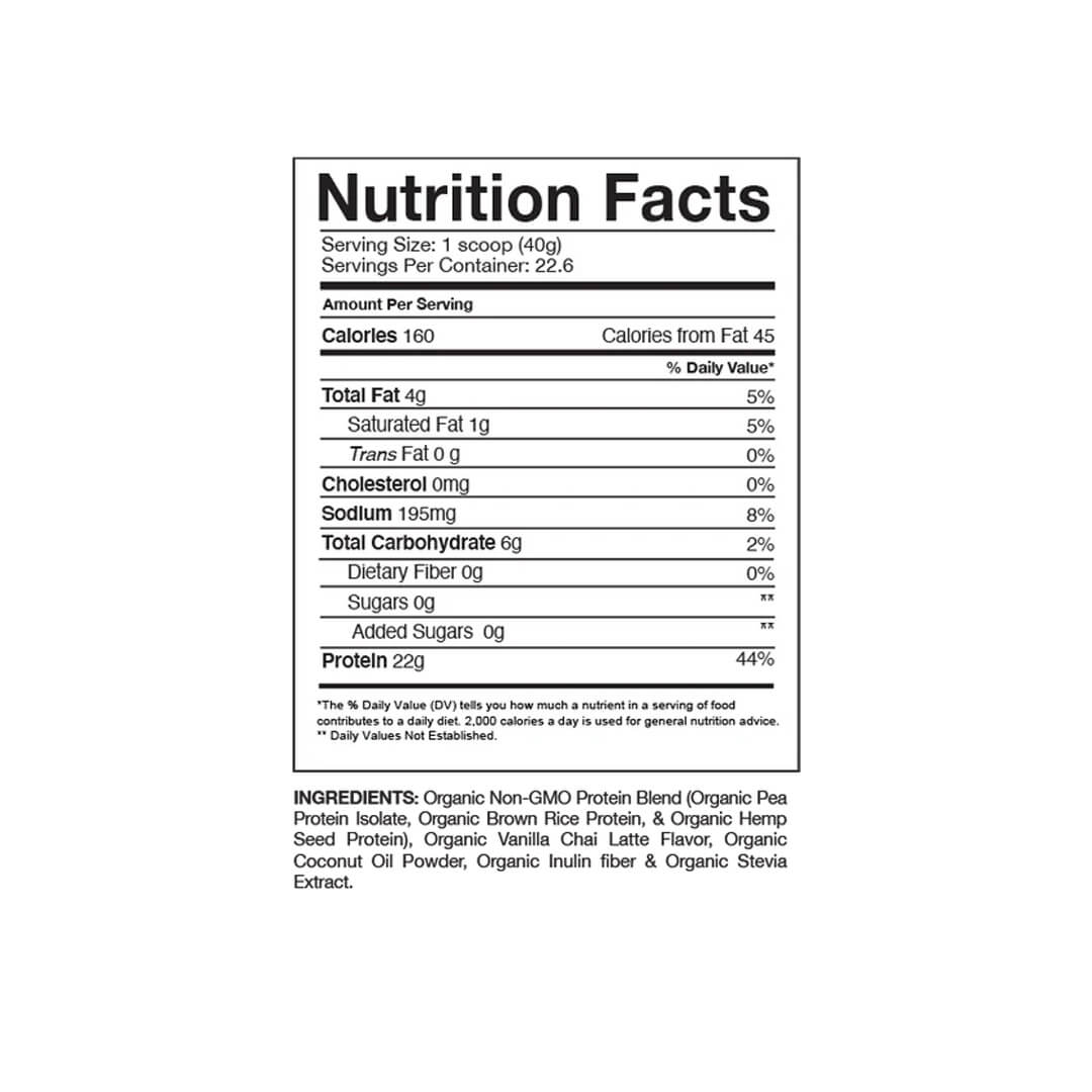 Proven Vegan supplement facts label listing organic pea protein, brown rice protein, and hemp seed protein