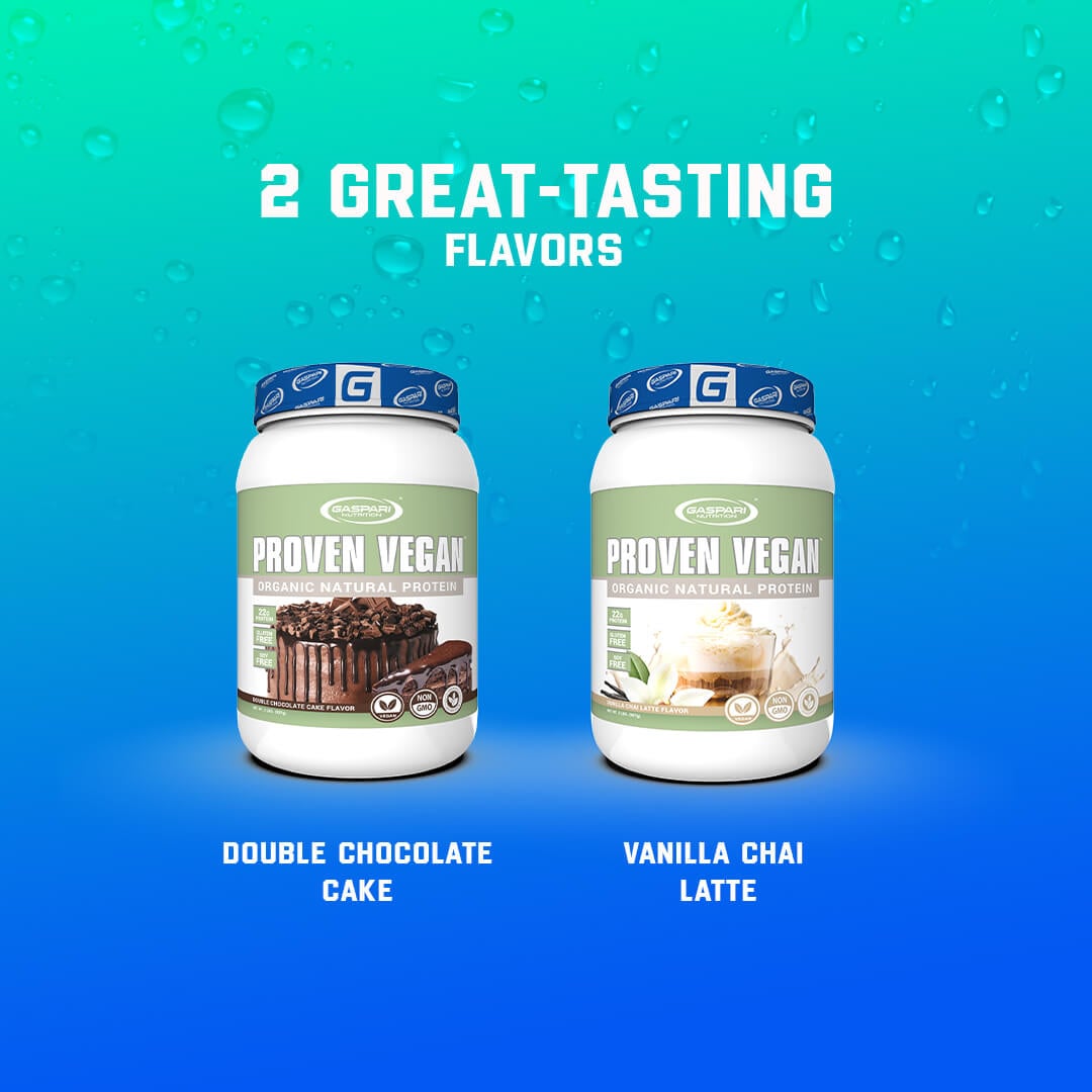 Proven Vegan protein available in two delicious flavors: Double Chocolate Cake and Vanilla Chai Latte