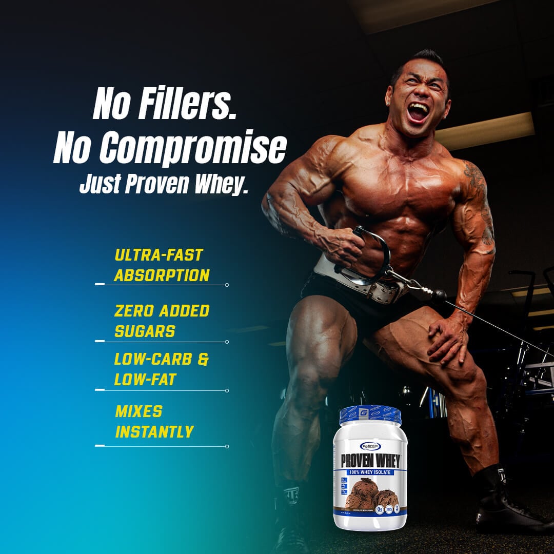 Bodybuilder posing with Proven Whey listing zero fillers, zero added sugars, and low carb benefits