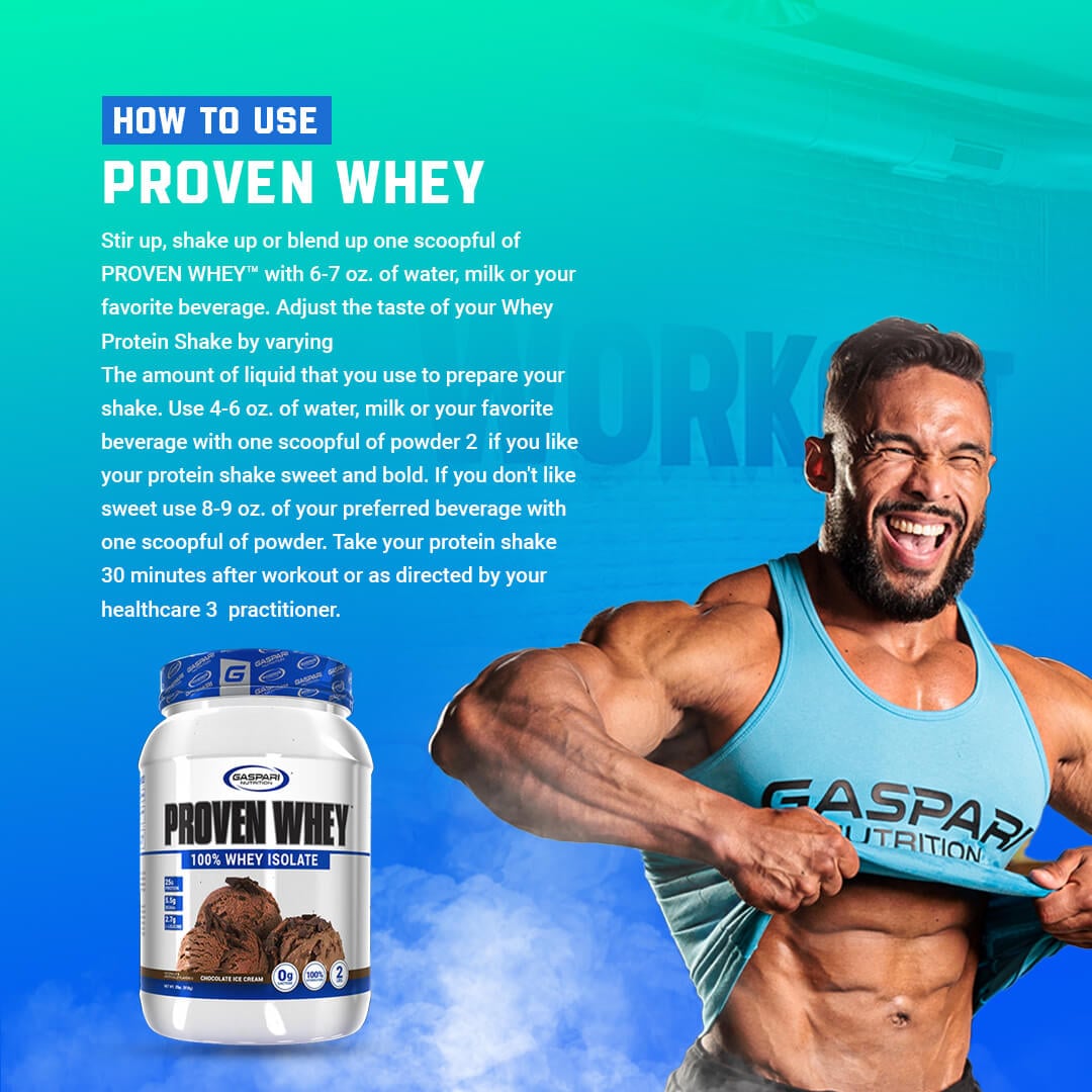 How to use Proven Whey usage guide suggesting mixing one scoop with water, milk, or favorite beverage