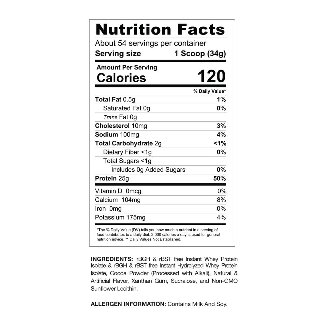 Proven Whey nutrition facts label listing 120 calories, 25g protein, and zero sugar per serving