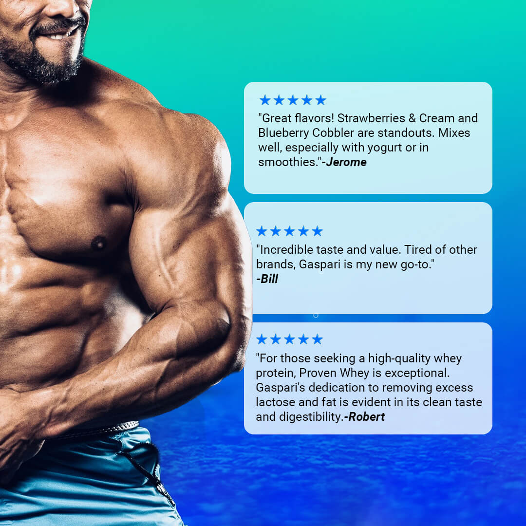Customer reviews for Proven Whey praising the strawberry cream flavor and digestibility alongside a fitness model