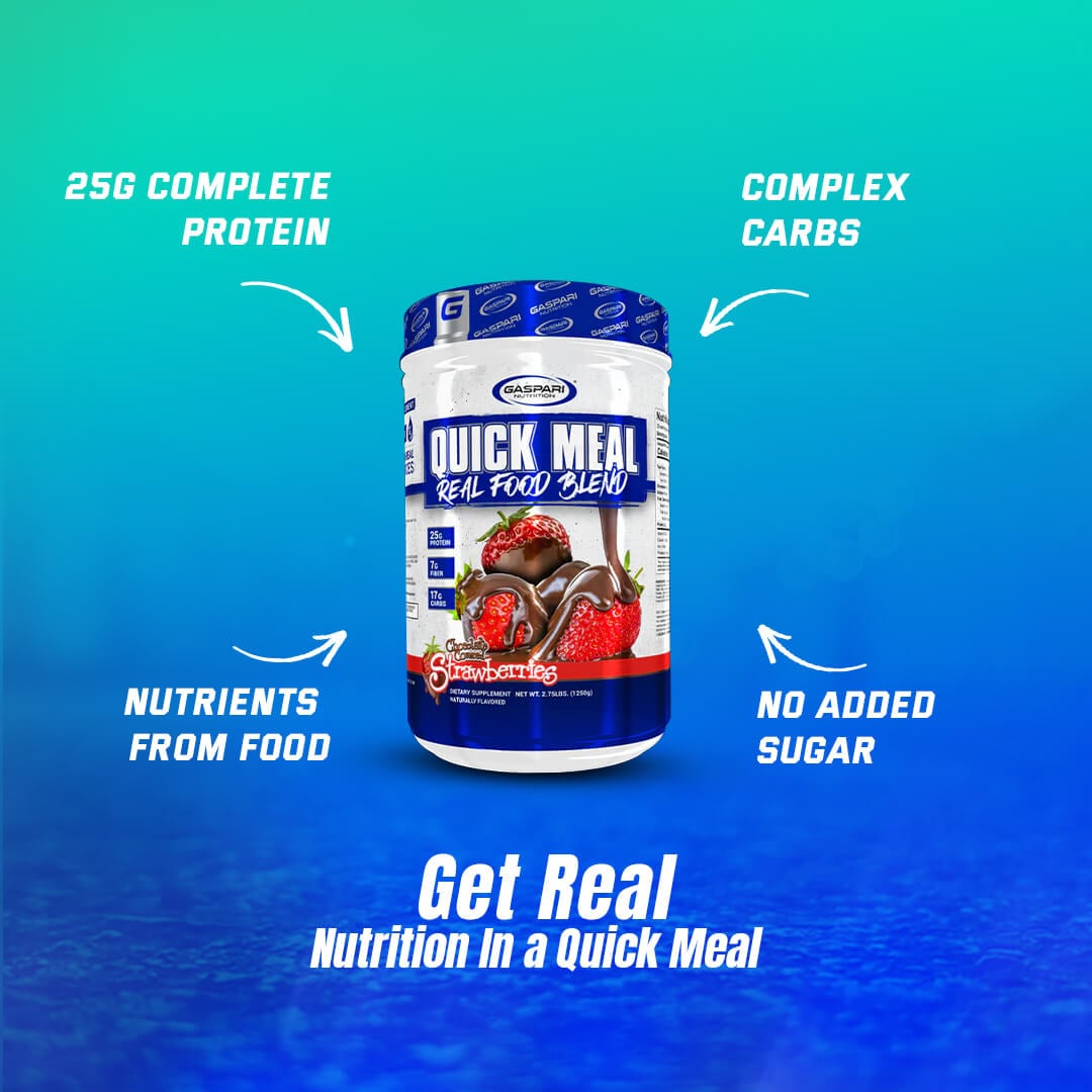 Gaspari Quick Meal tub highlighting key features like 25g complete protein, complex carbs, and nutrients from real food sources