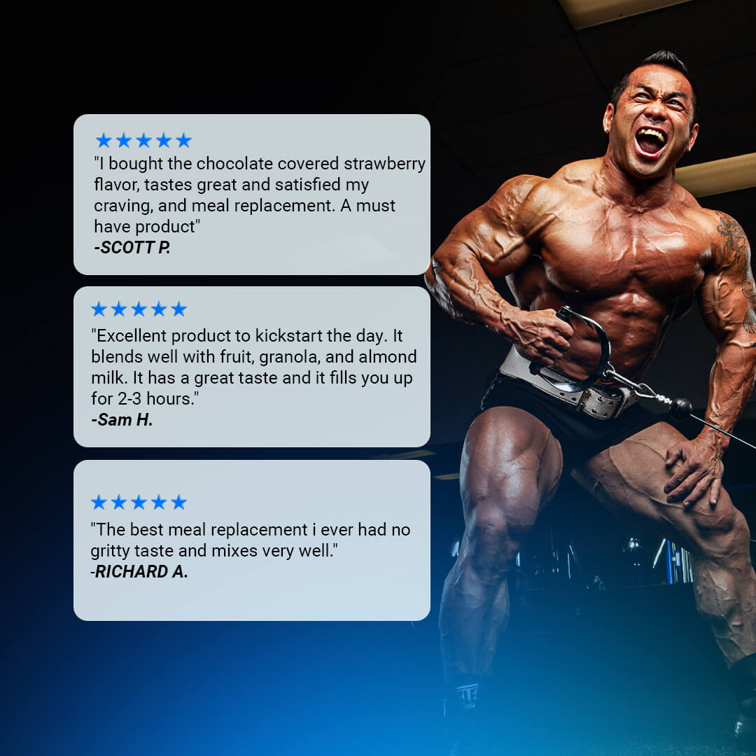 Customer reviews for Quick Meal praising the chocolate covered strawberry flavor and ability to satisfy cravings alongside a bodybuilder
