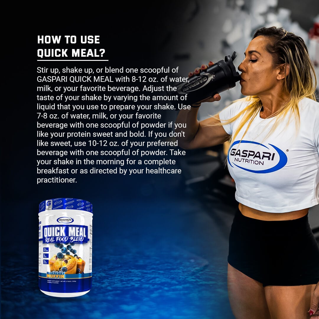 How to use Quick Meal usage guide suggesting 1 scoop with 8-12 oz of liquid, adjusting water amount for sweetness preference