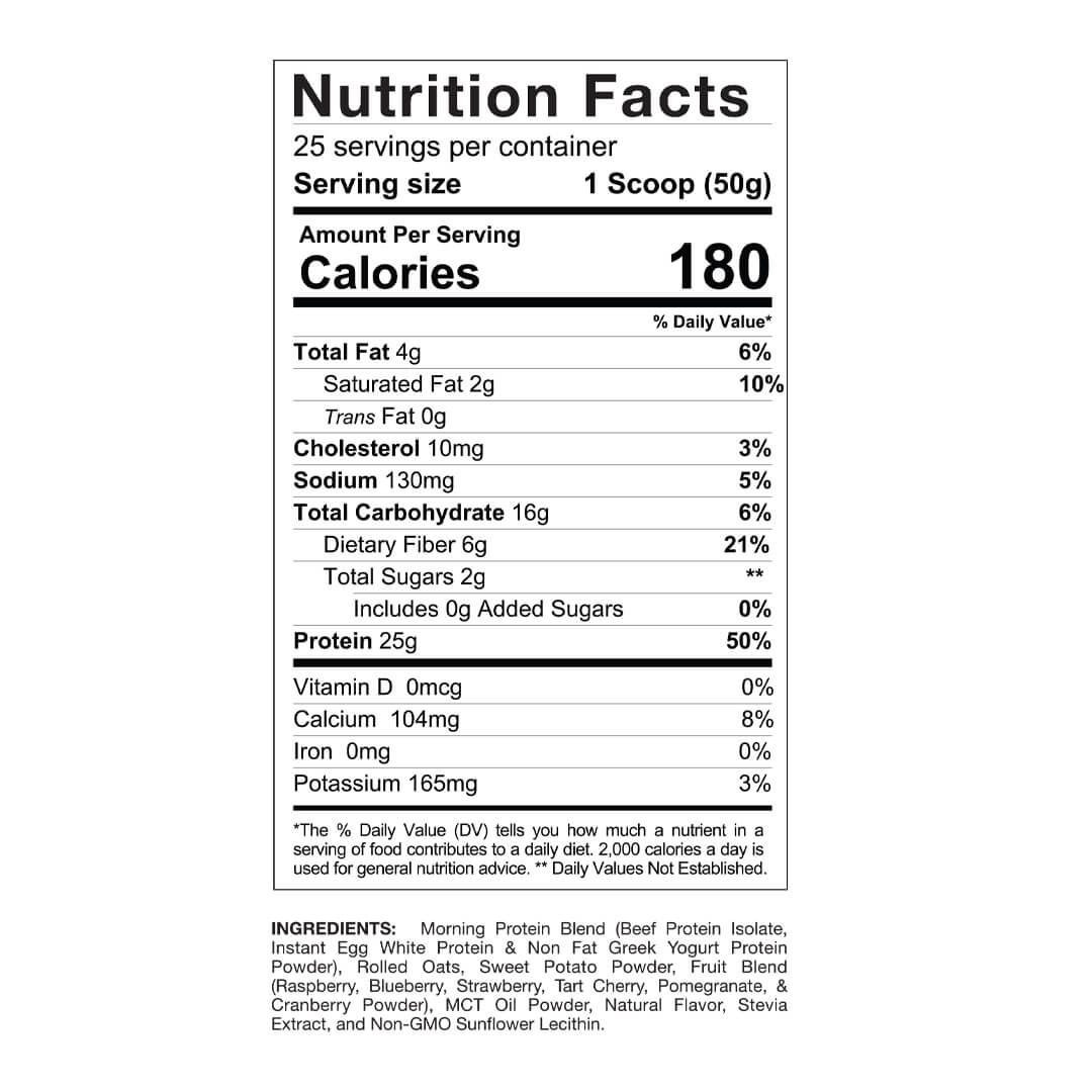 Quick Meal nutrition facts label listing 180 calories, 25g protein, and ingredients like beef protein isolate, rolled oats, and sweet potato powder