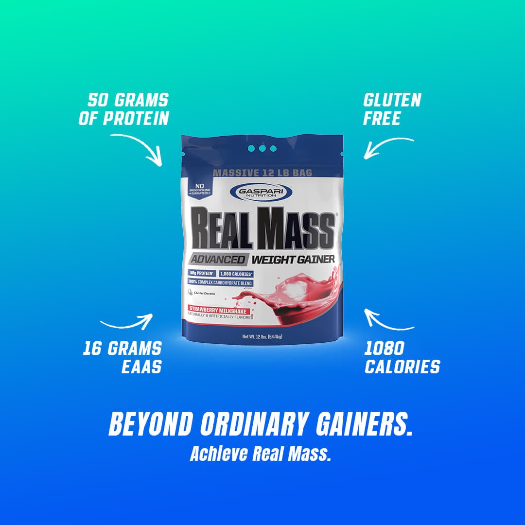 Gaspari Real Mass bag highlighting 50g protein, 1080 calories, 16g EAAs, and gluten-free formula
