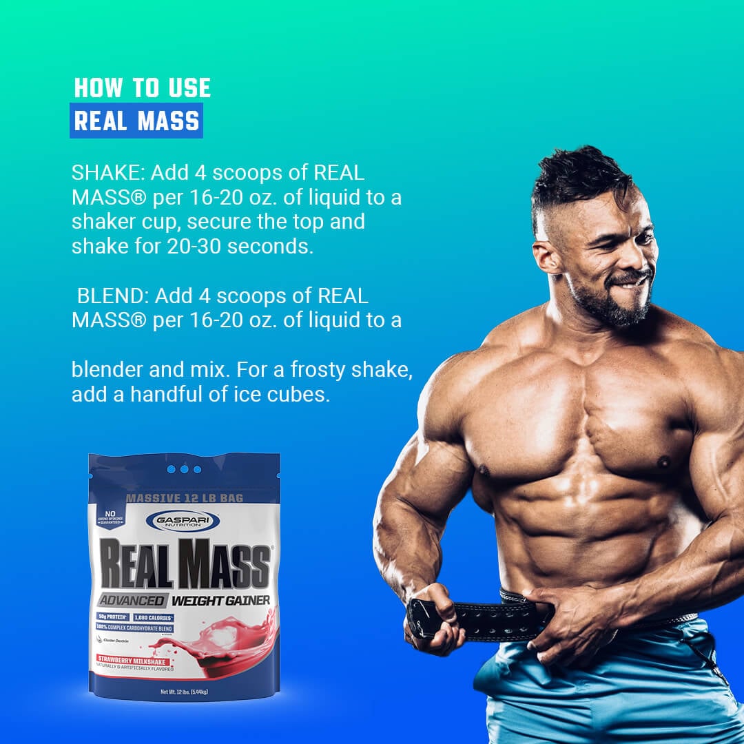 How to use Real Mass guide suggesting mixing 4 scoops with 16-20 oz of liquid in a shaker or blender